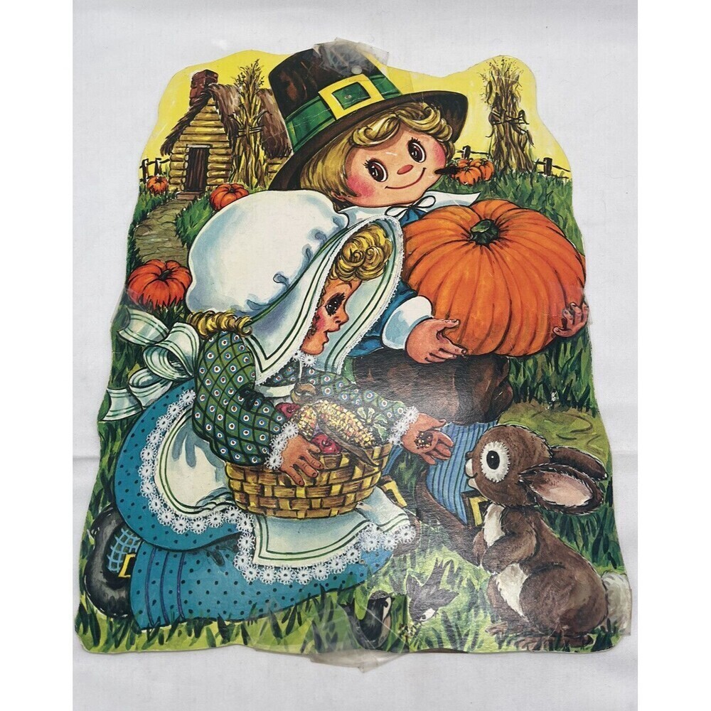 Vintage Thanksgiving Die Cut Cardboard Decoration Pilgrim Boy Girl Bunny Pumpkin
